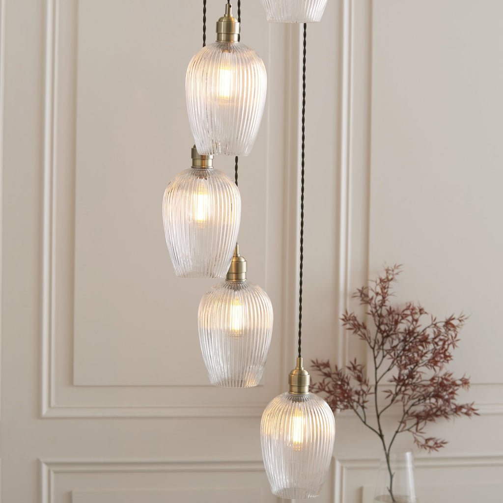 120654 7 Light Pendant Antique Brass Plate & Clear Ribbed Glass