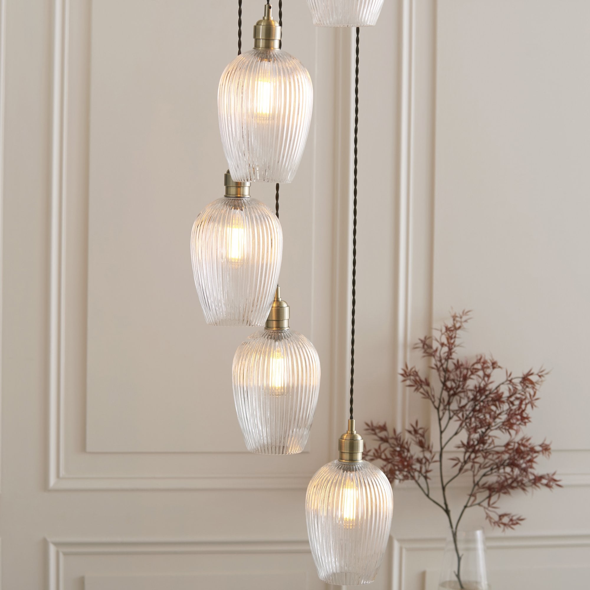 120654 7 Light Pendant Antique Brass Plate & Clear Ribbed Glass