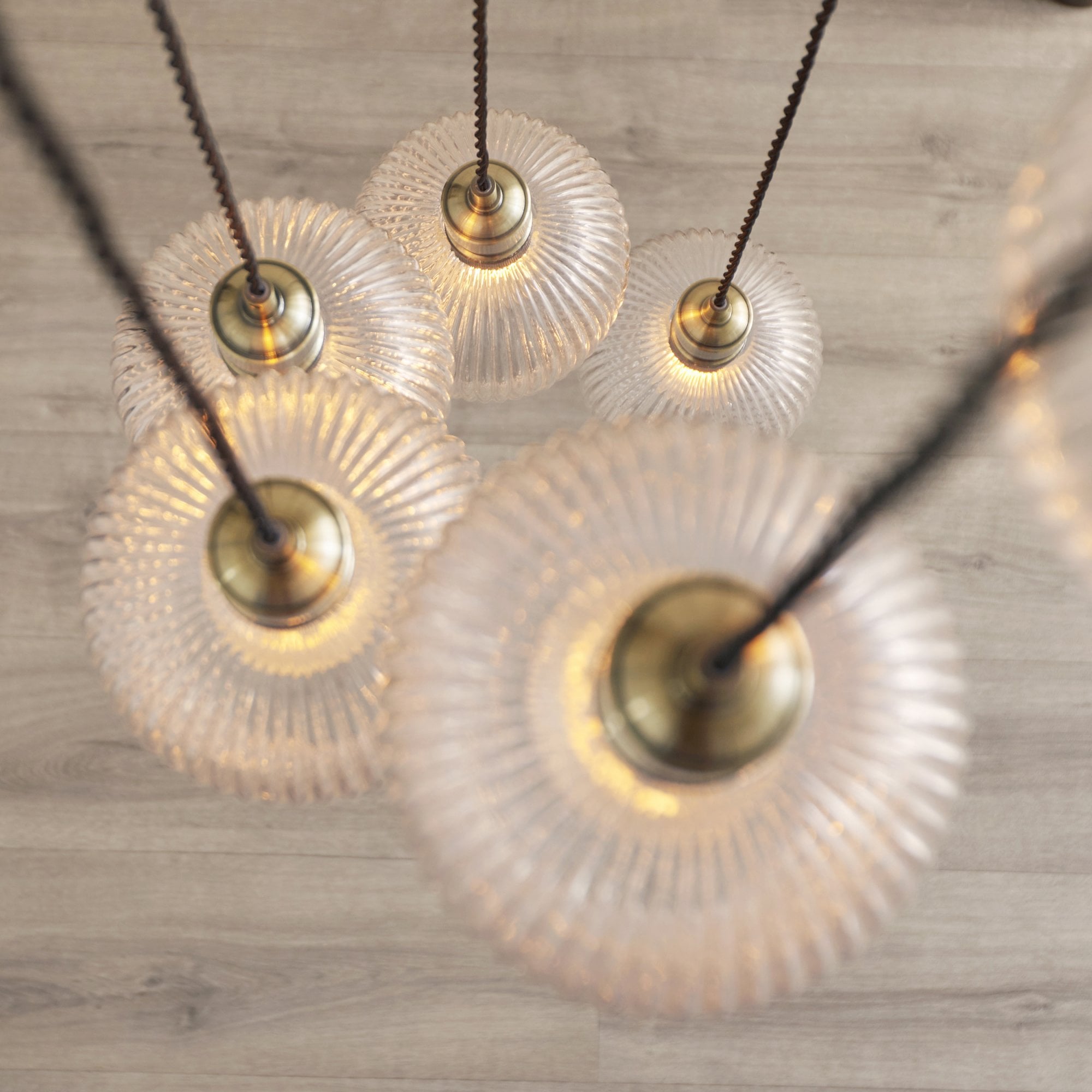 120654 7 Light Pendant Antique Brass Plate & Clear Ribbed Glass