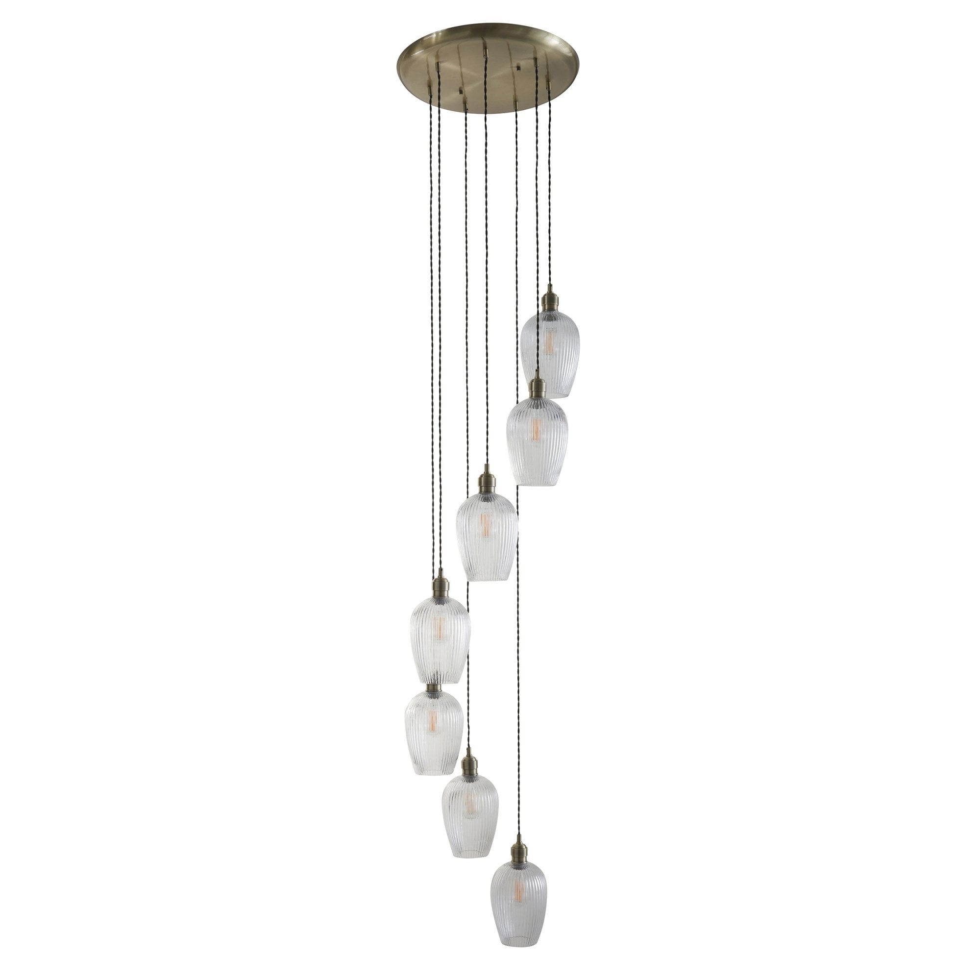 120654 7 Light Pendant Antique Brass Plate & Clear Ribbed Glass