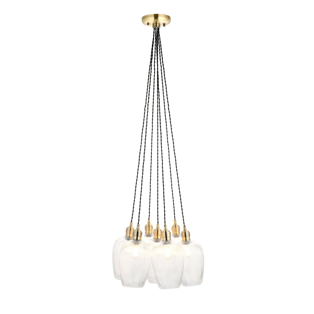 120655 7 Light Pendant Antique Brass Plate & Clear Ribbed Glass