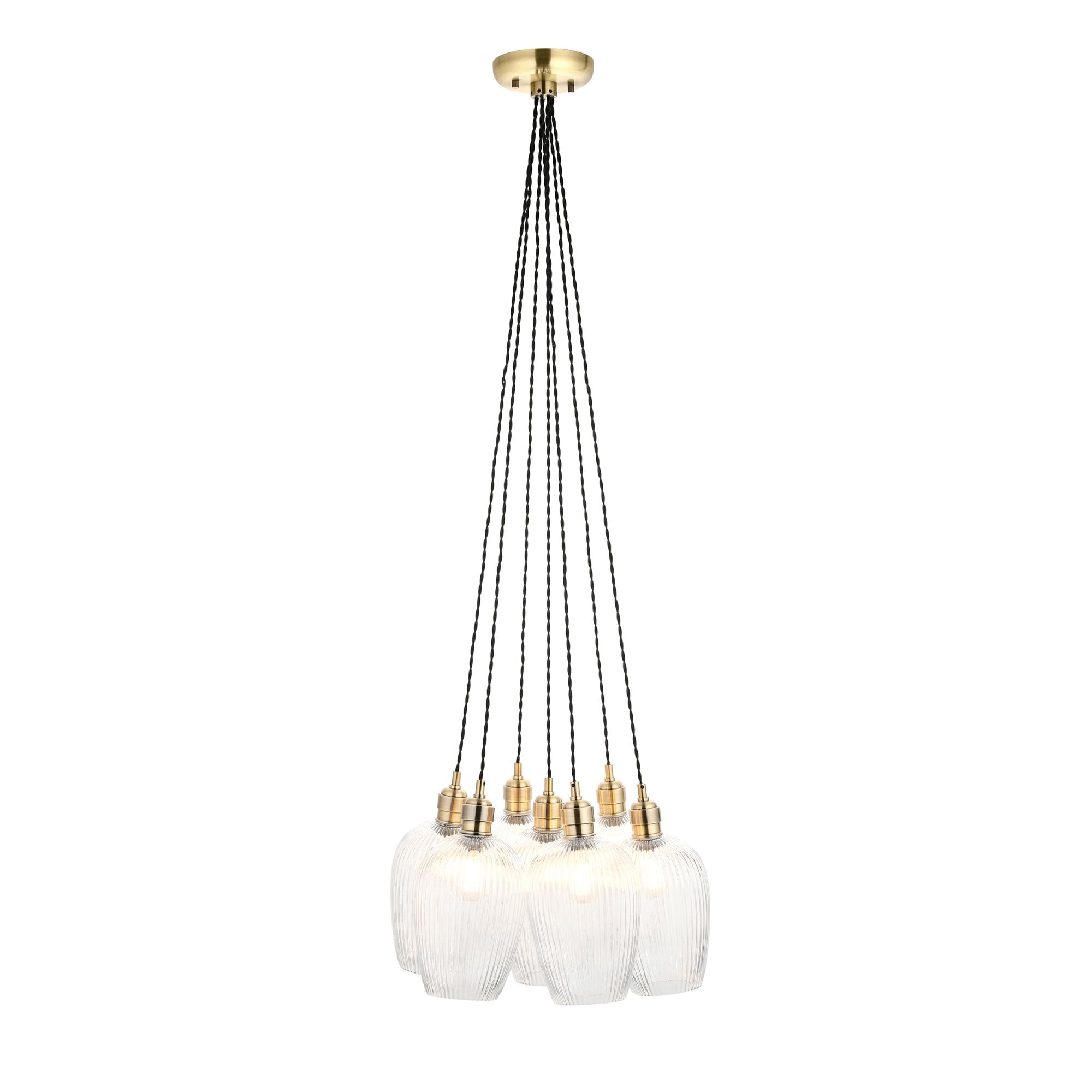 120655 7 Light Pendant Antique Brass Plate & Clear Ribbed Glass