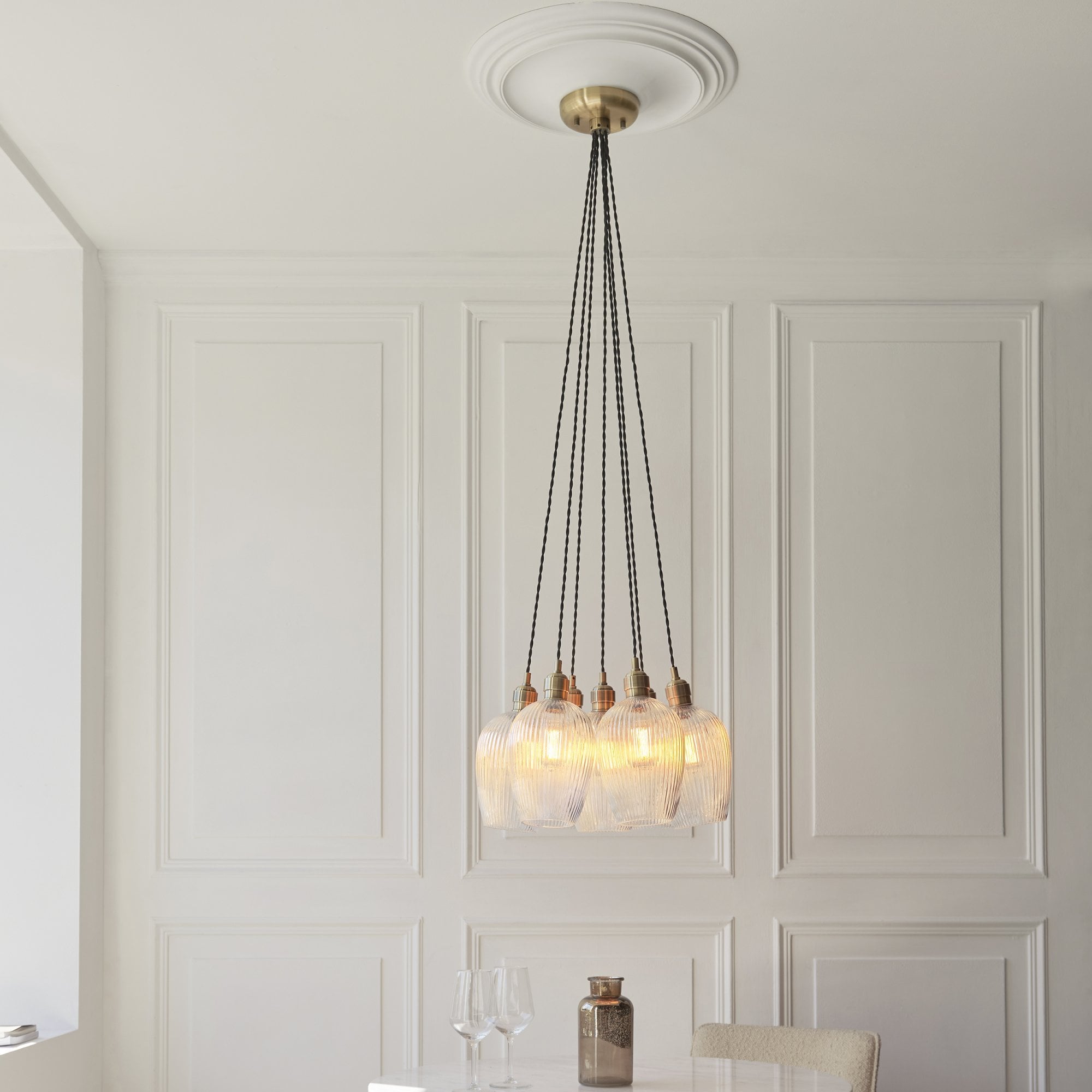 120655 7 Light Pendant Antique Brass Plate & Clear Ribbed Glass