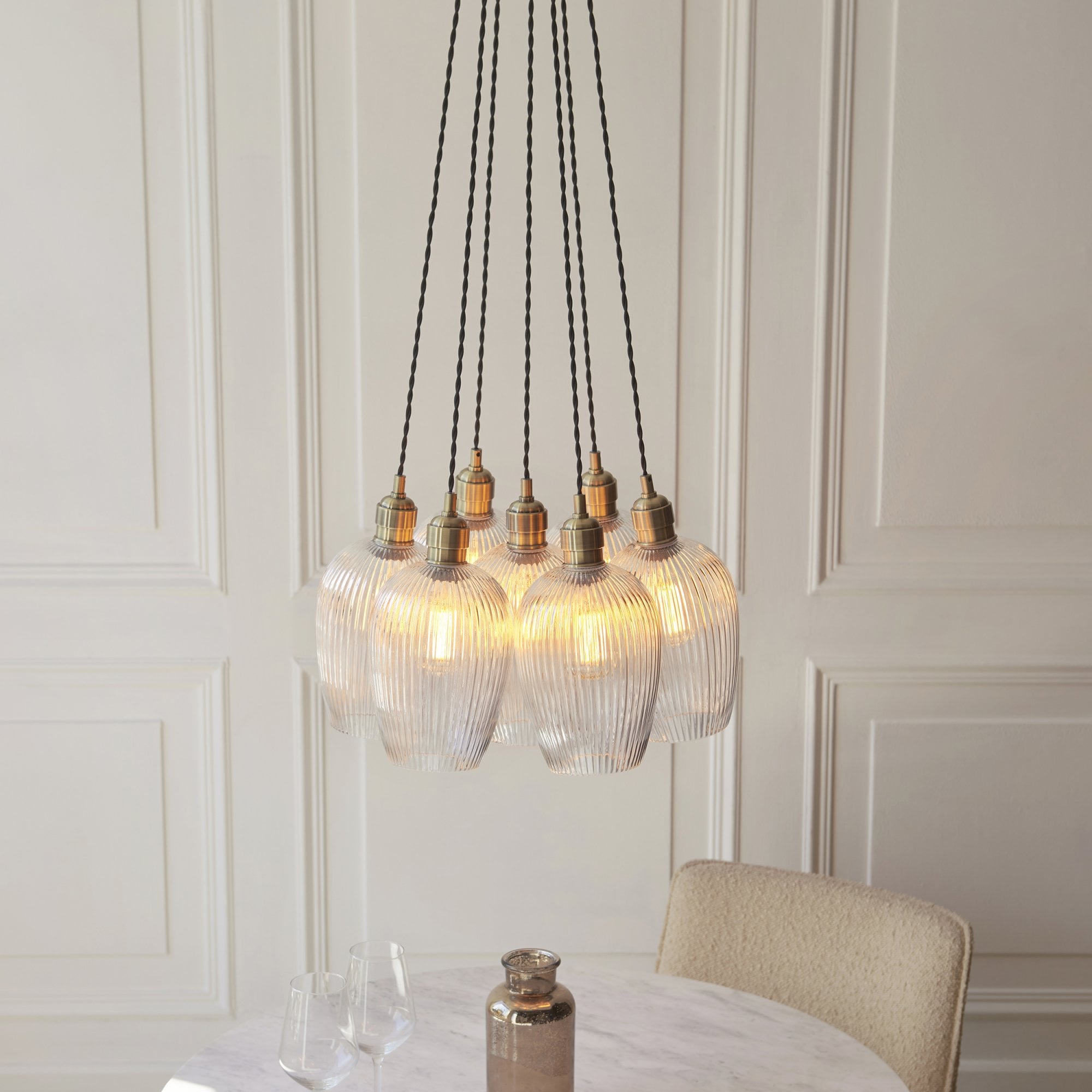 120655 7 Light Pendant Antique Brass Plate & Clear Ribbed Glass