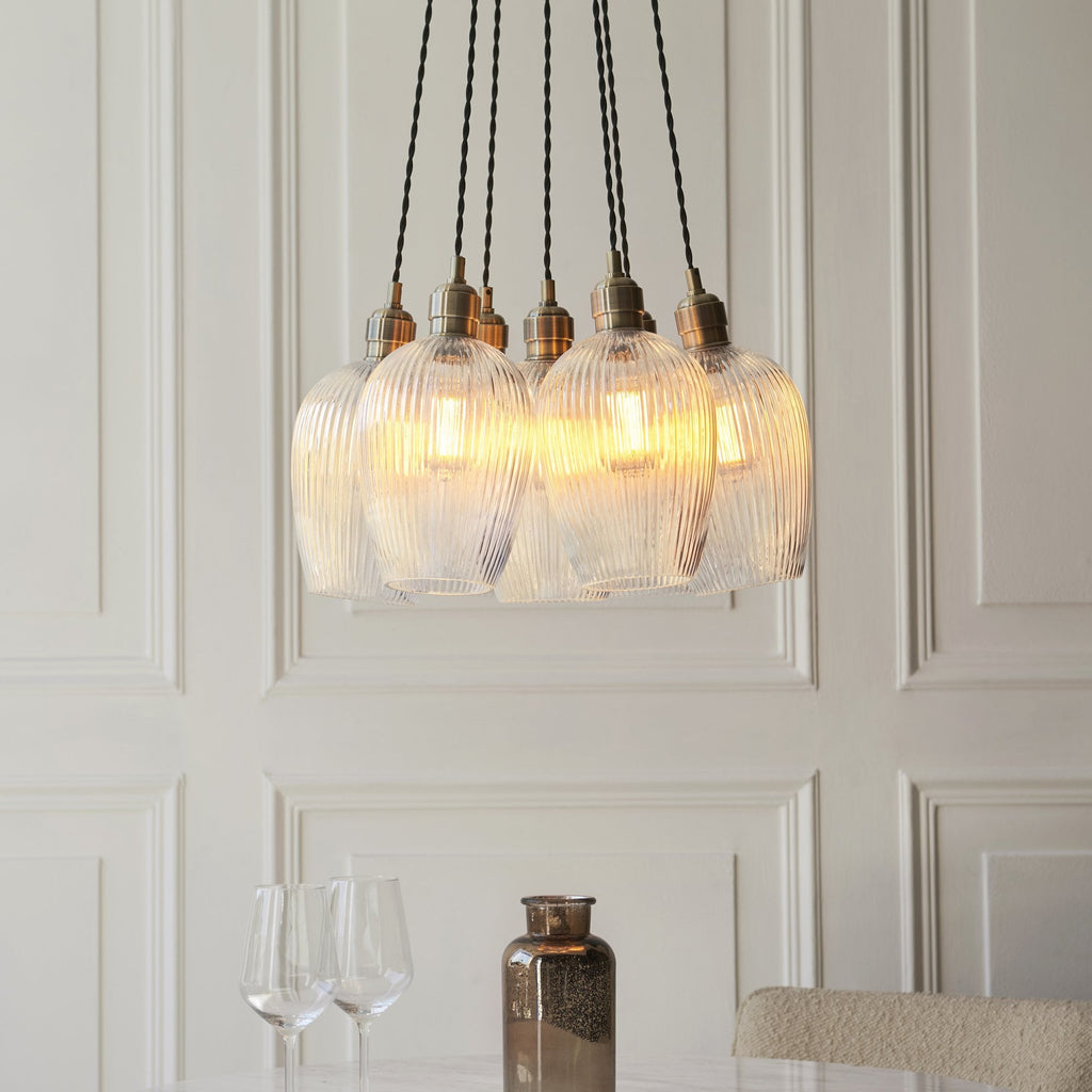 120655 7 Light Pendant Antique Brass Plate & Clear Ribbed Glass