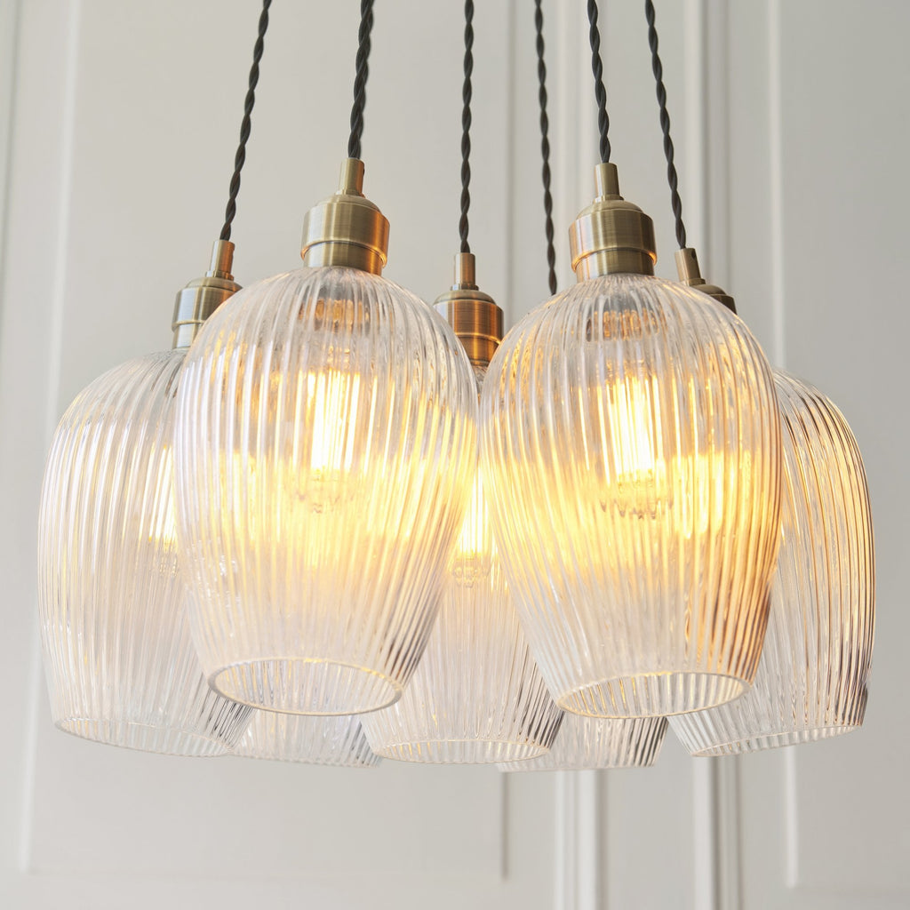 120655 7 Light Pendant Antique Brass Plate & Clear Ribbed Glass