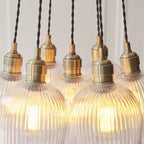 120655 7 Light Pendant Antique Brass Plate & Clear Ribbed Glass