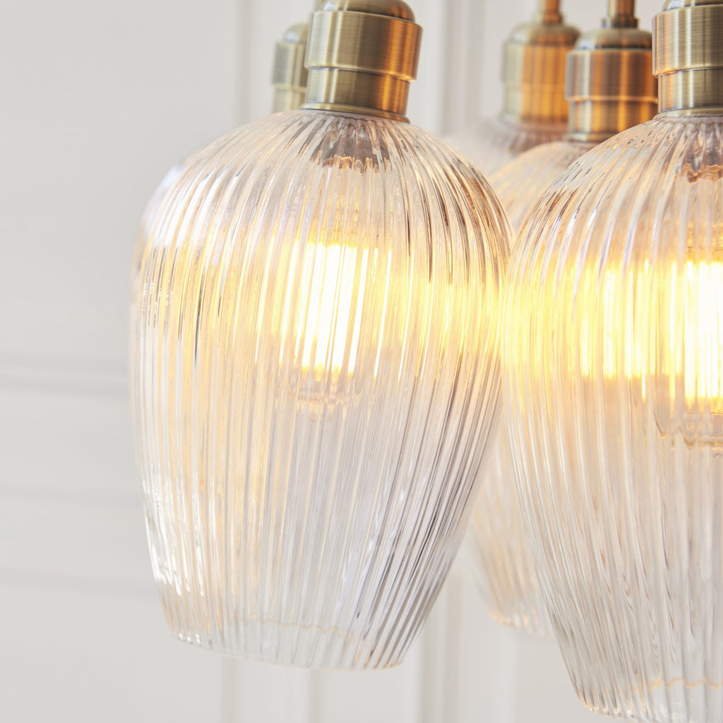 120655 7 Light Pendant Antique Brass Plate & Clear Ribbed Glass