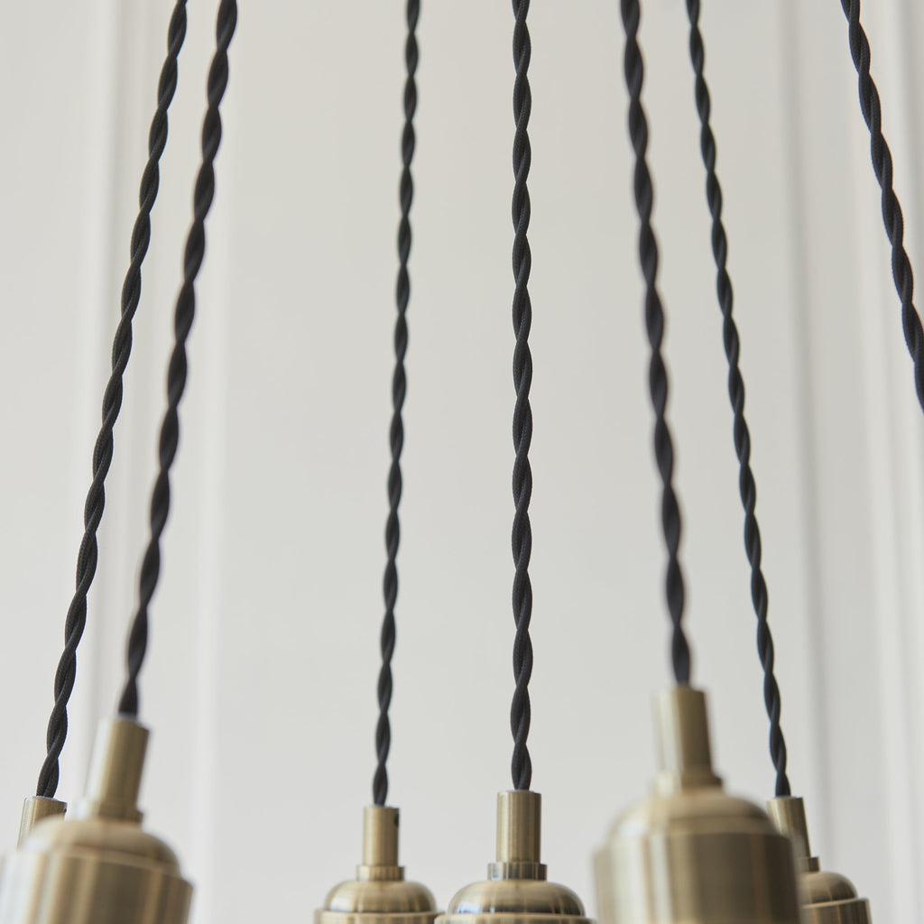 120655 7 Light Pendant Antique Brass Plate & Clear Ribbed Glass