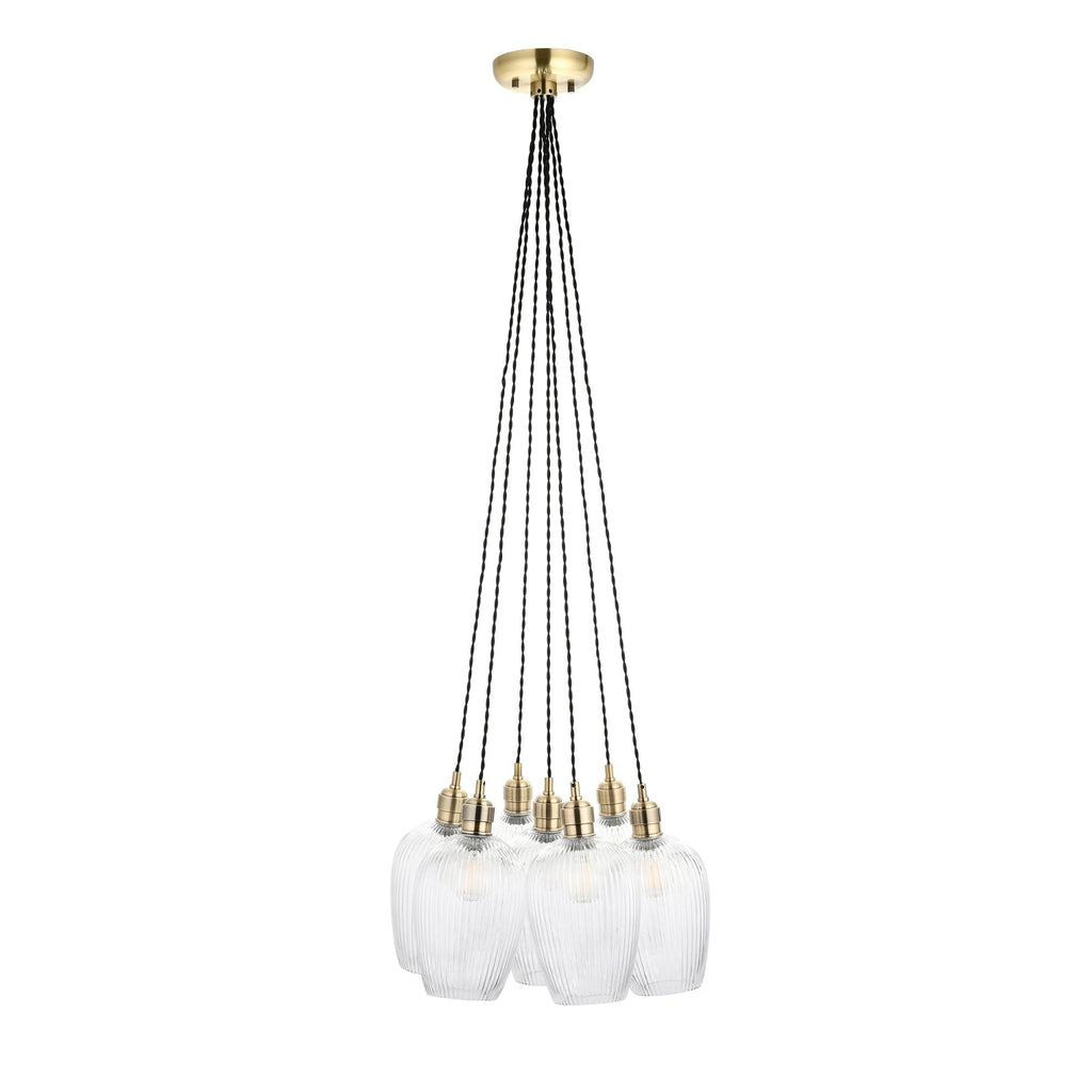 120655 7 Light Pendant Antique Brass Plate & Clear Ribbed Glass