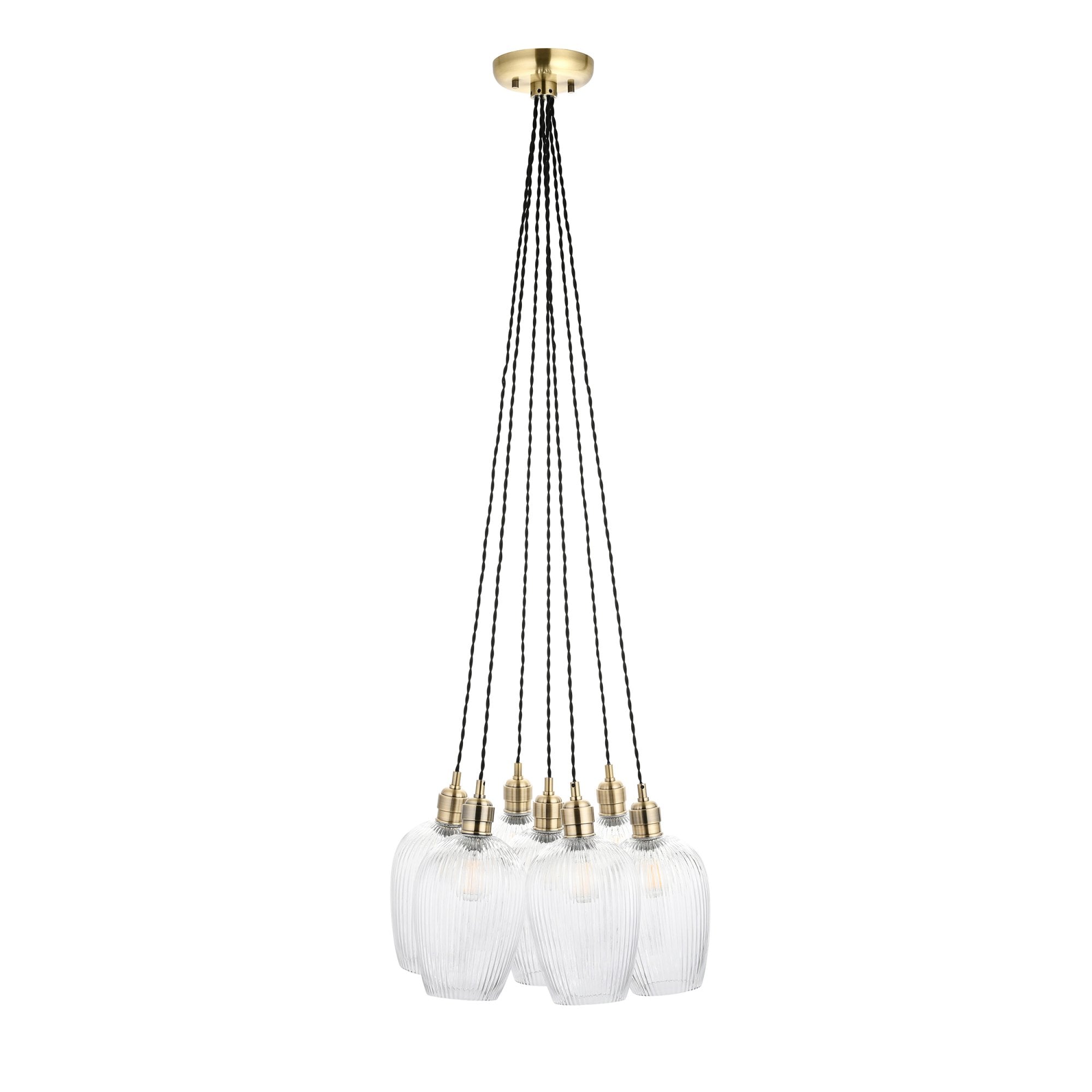 120655 7 Light Pendant Antique Brass Plate & Clear Ribbed Glass