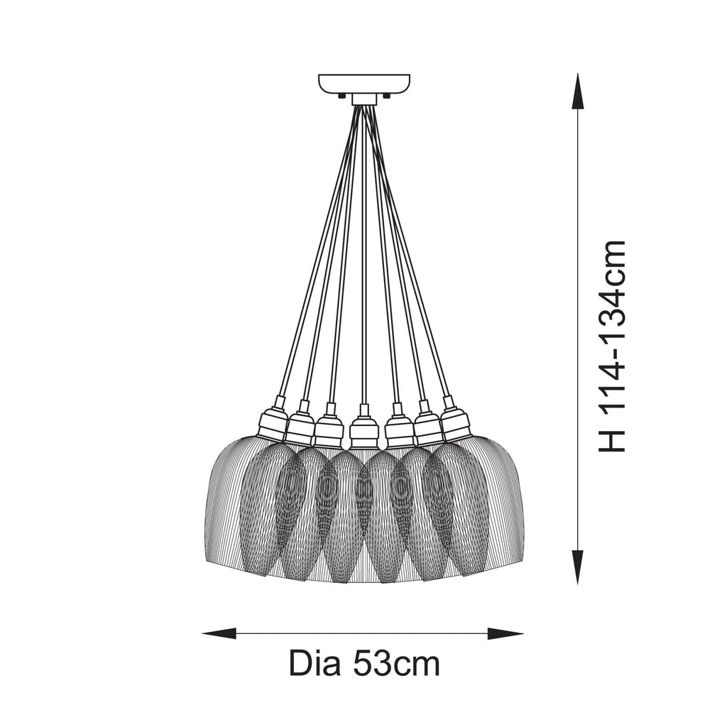 120655 7 Light Pendant Antique Brass Plate & Clear Ribbed Glass