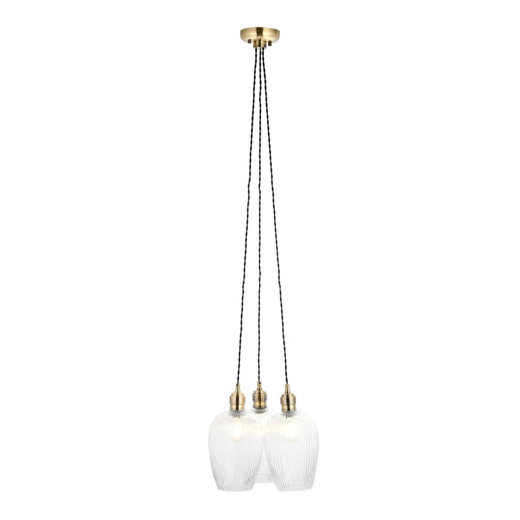 120656 3 Light Pendant Antique Brass Plate & Clear Ribbed Glass