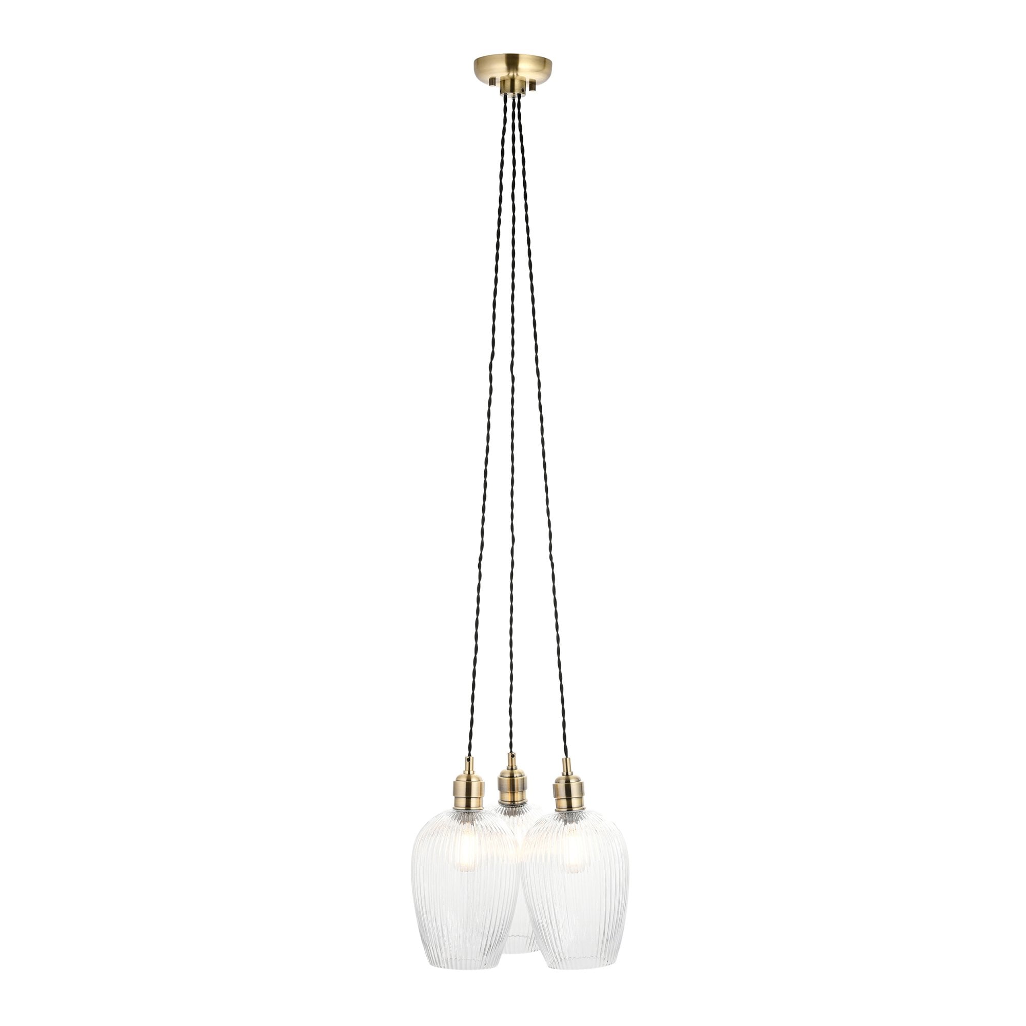 120656 3 Light Pendant Antique Brass Plate & Clear Ribbed Glass