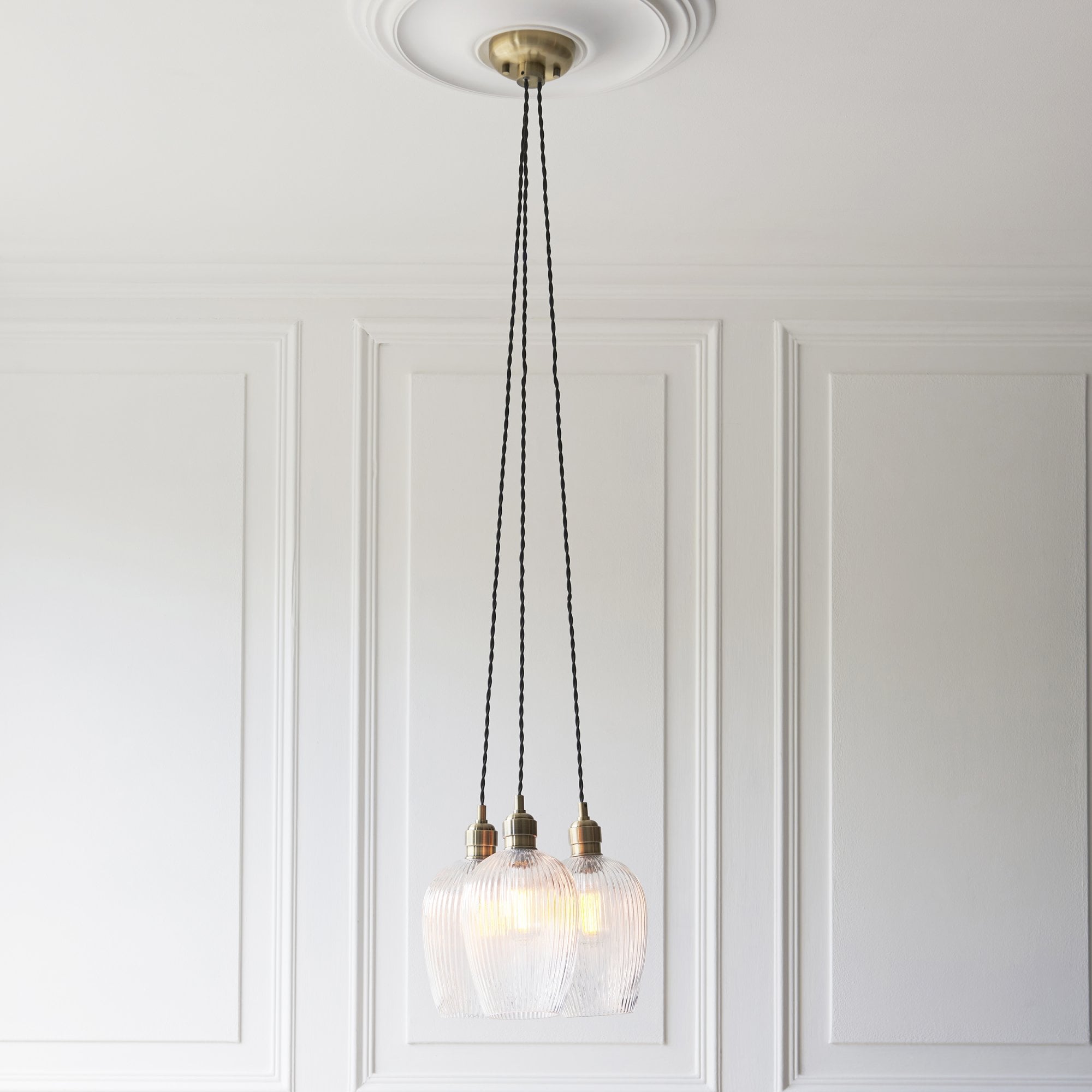 120656 3 Light Pendant Antique Brass Plate & Clear Ribbed Glass