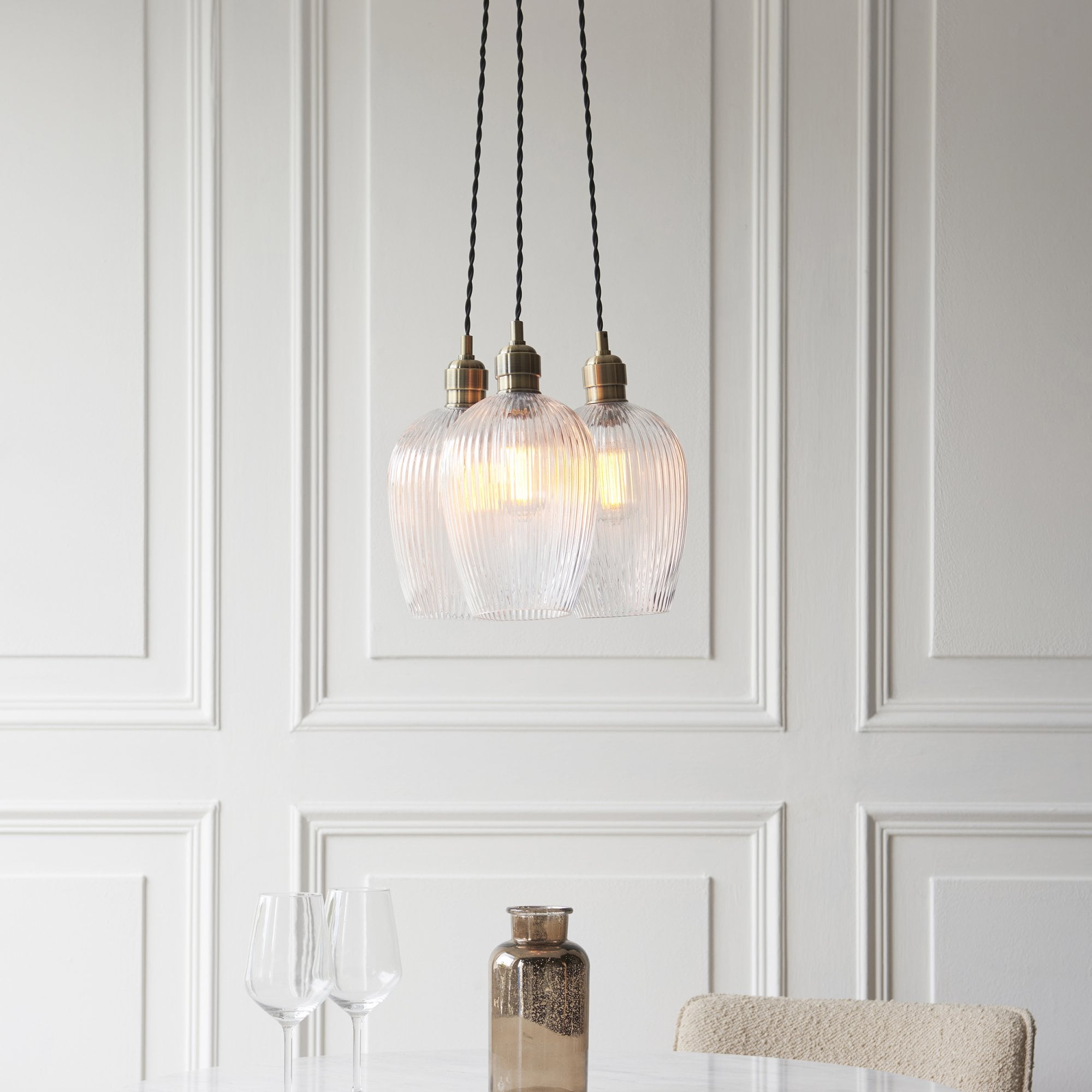 120656 3 Light Pendant Antique Brass Plate & Clear Ribbed Glass