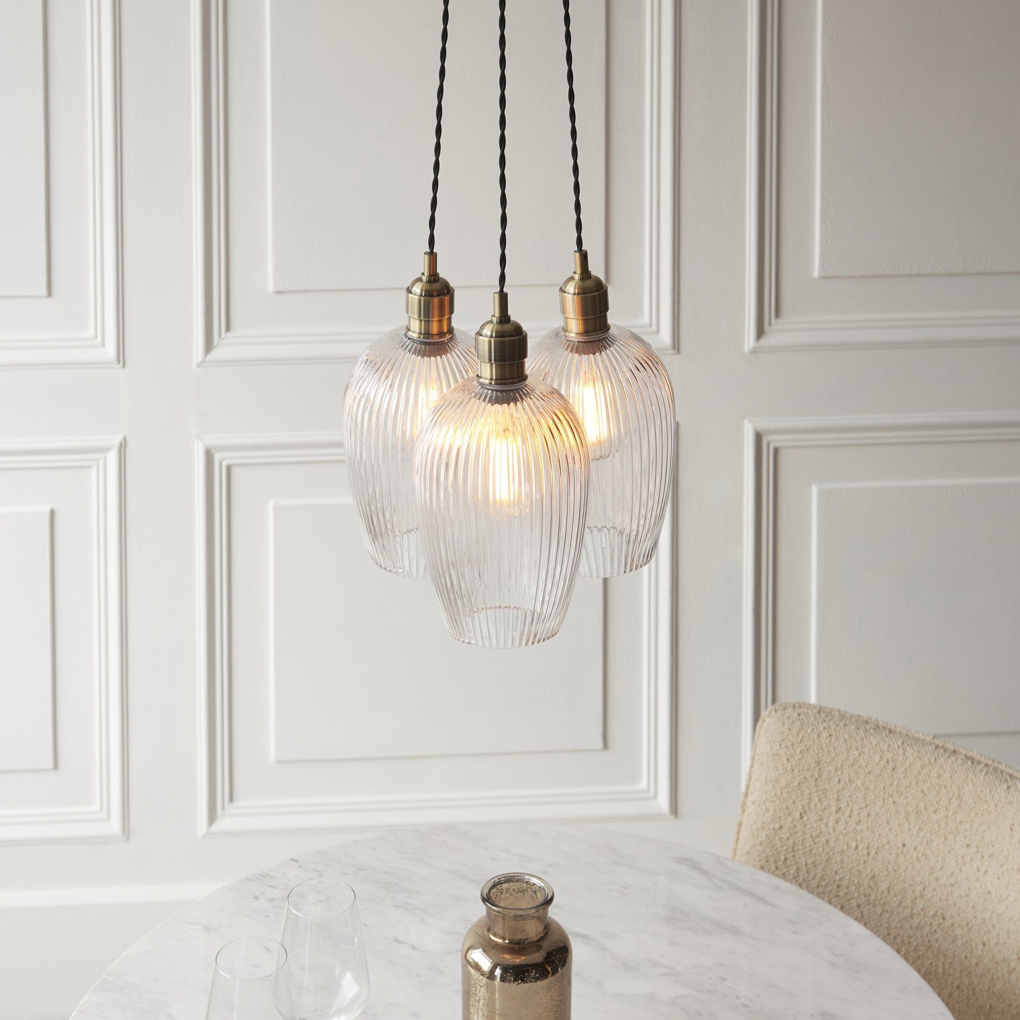 120656 3 Light Pendant Antique Brass Plate & Clear Ribbed Glass