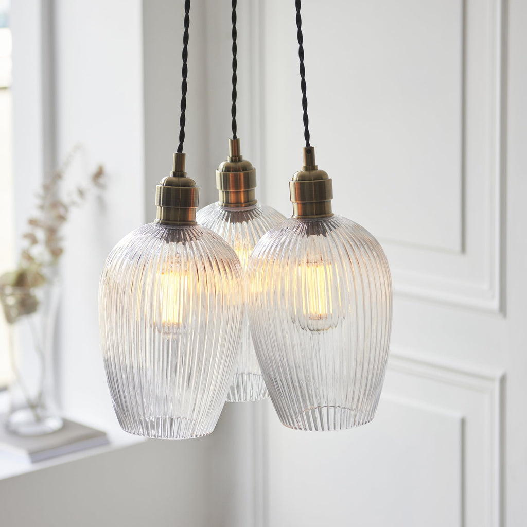 120656 3 Light Pendant Antique Brass Plate & Clear Ribbed Glass