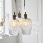 120656 3 Light Pendant Antique Brass Plate & Clear Ribbed Glass