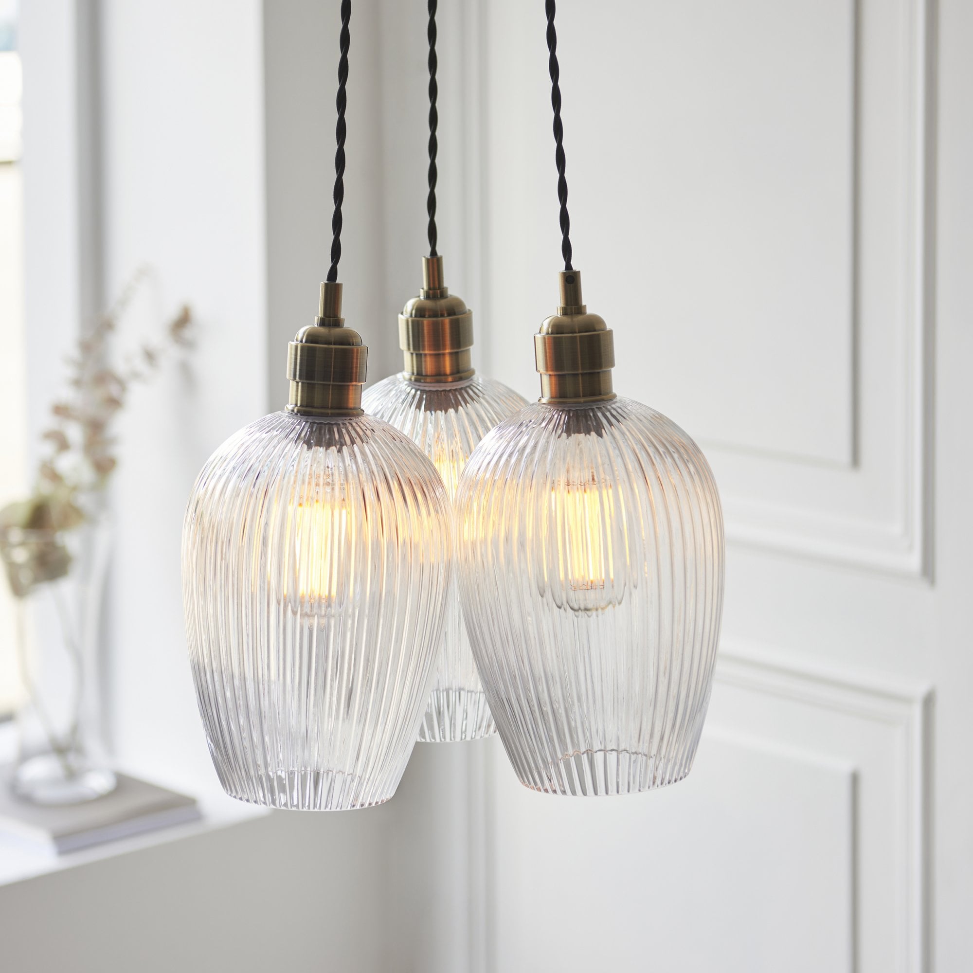 120656 3 Light Pendant Antique Brass Plate & Clear Ribbed Glass