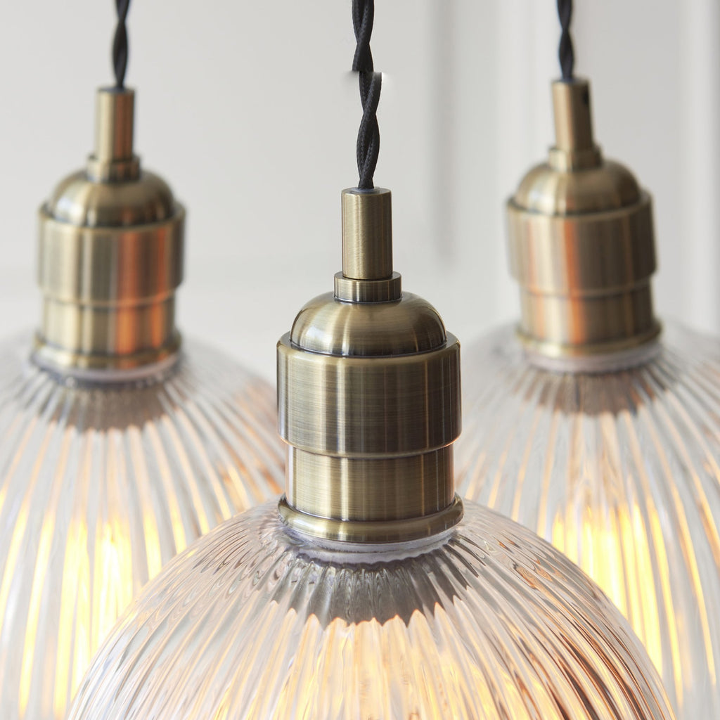 120656 3 Light Pendant Antique Brass Plate & Clear Ribbed Glass