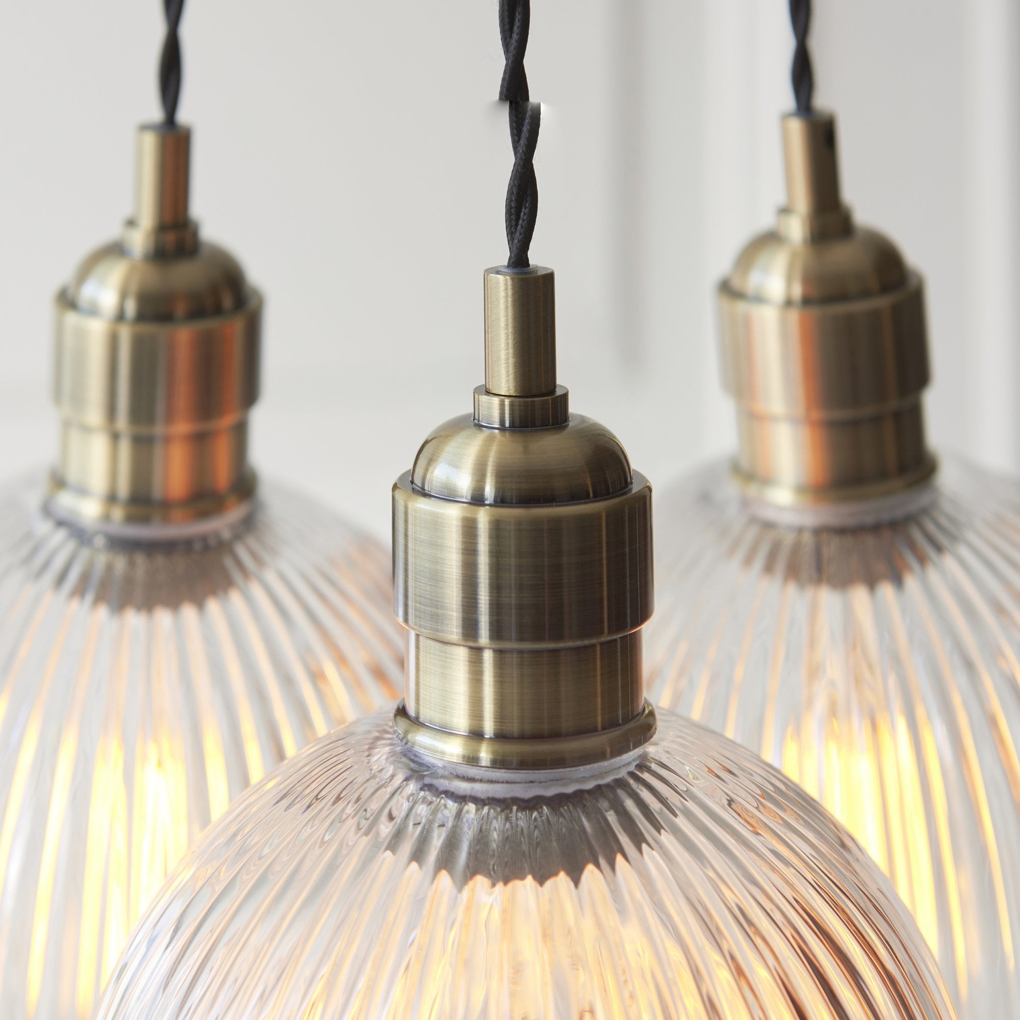 120656 3 Light Pendant Antique Brass Plate & Clear Ribbed Glass
