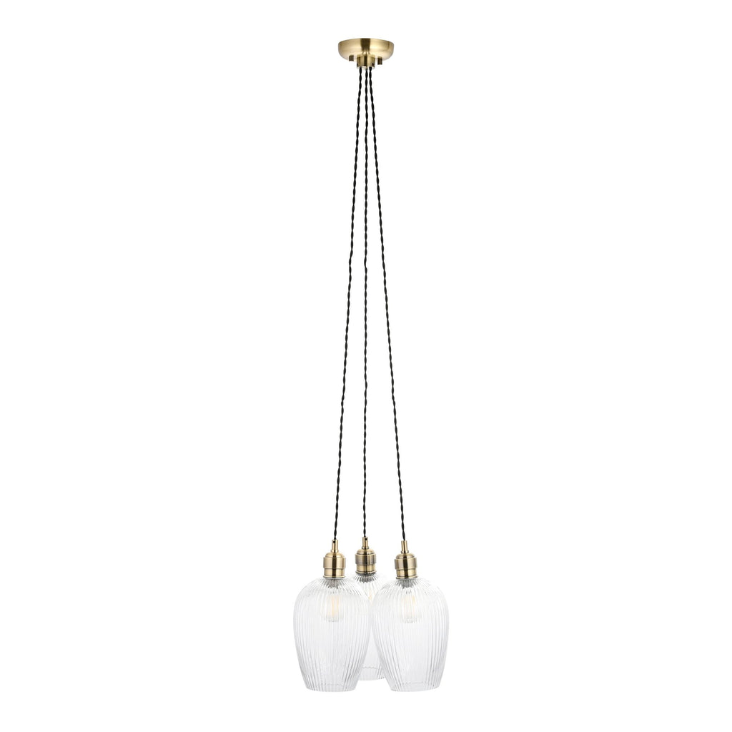 120656 3 Light Pendant Antique Brass Plate & Clear Ribbed Glass