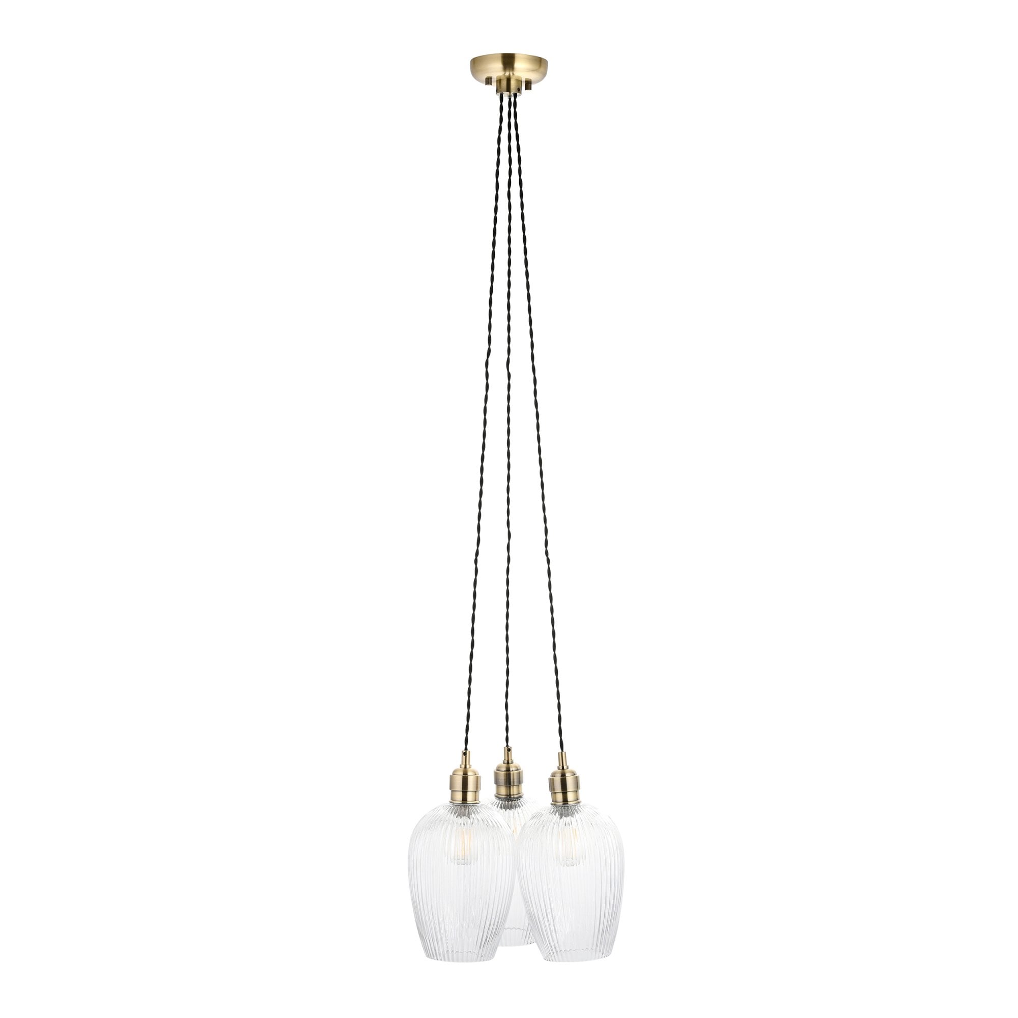 120656 3 Light Pendant Antique Brass Plate & Clear Ribbed Glass