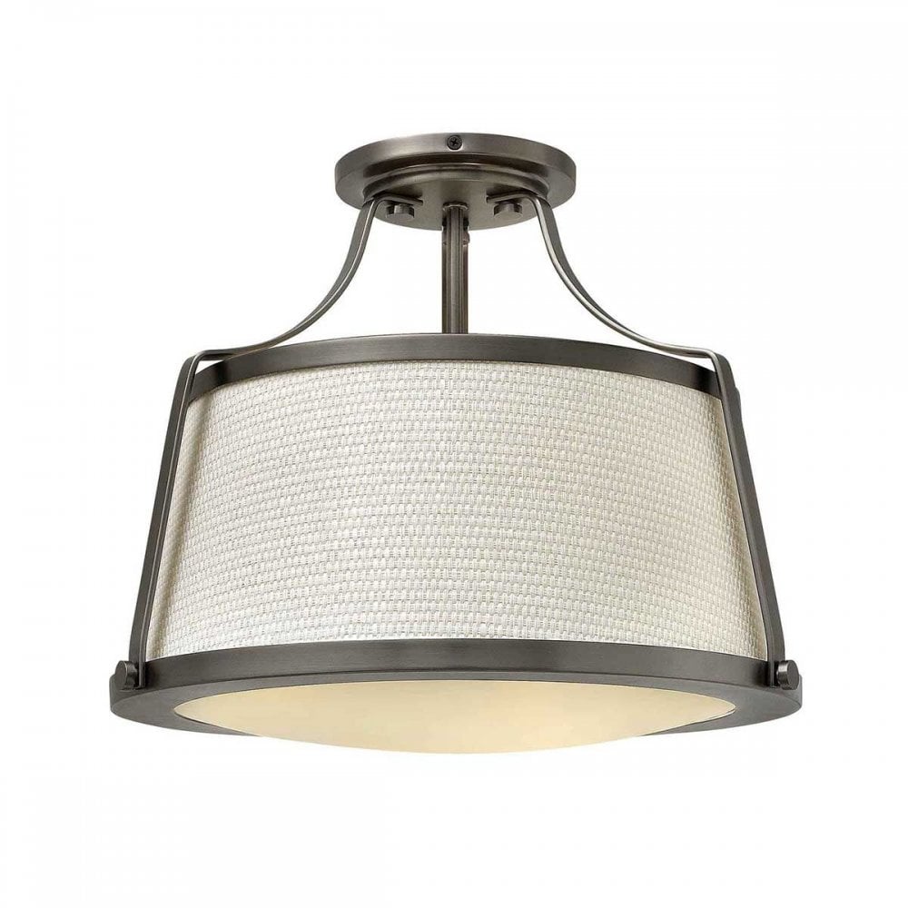 HK-CHARLOTTE-SF-AN Charlotte 3 Light Semi-Flush Antique Nickel, Linen Shade