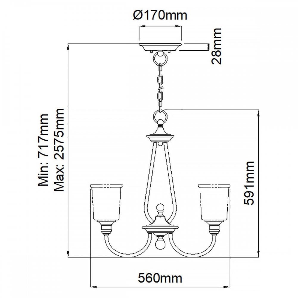 KL-WAVERLY3-NBR Waverly 3 Light Chandelier Natural Brass