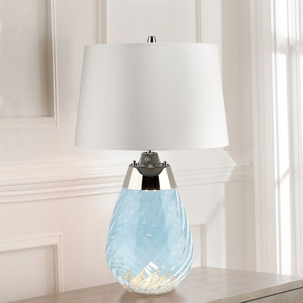 LENA-TL-S-BLUE-OWSS Lena 2 Light Small Blue Table Lamp with Off-white Shade Blue-tinted Glass / Off-White Shade