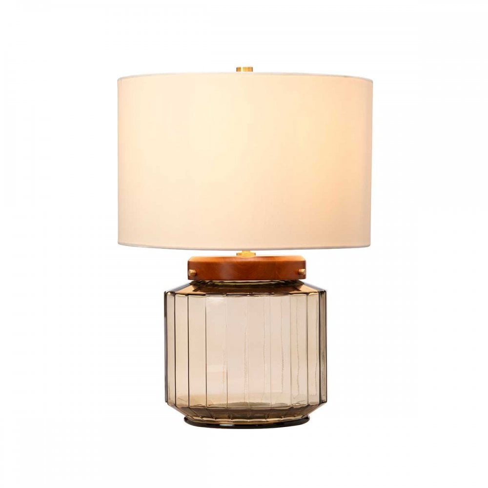 LUGA-TL-SMOKE Luga Table Lamp - Smoke Metalwork Aged Brass - Glassware Smoke - Wood Dark Stained
