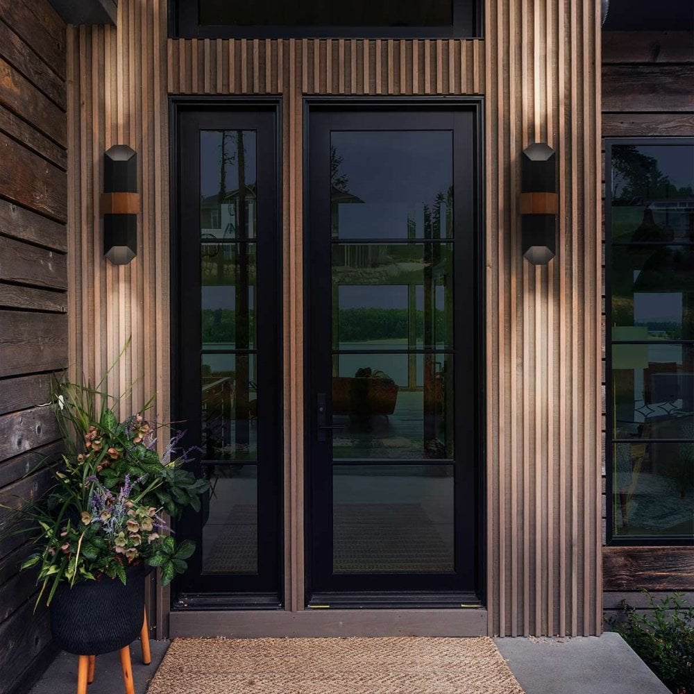 QZ-CHASM-L-BKW Chasm LED Wall Lantern - Large Matte Black (with painted wood effect strap)