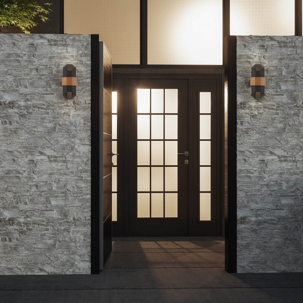 QZ-CHASM-M-BKW Chasm LED Wall Lantern - Medium Matte Black (with painted wood effect strap)