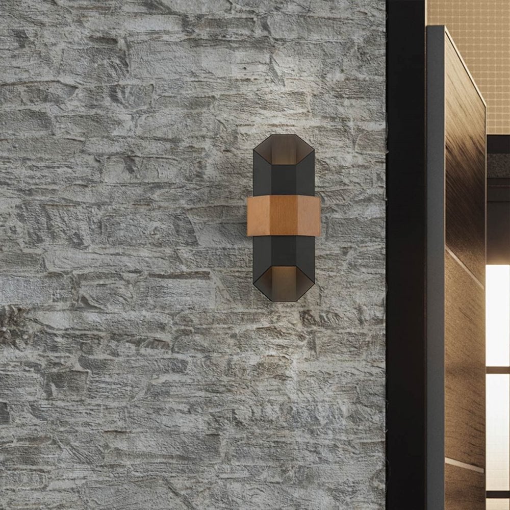 QZ-CHASM-M-BKW Chasm LED Wall Lantern - Medium Matte Black (with painted wood effect strap)