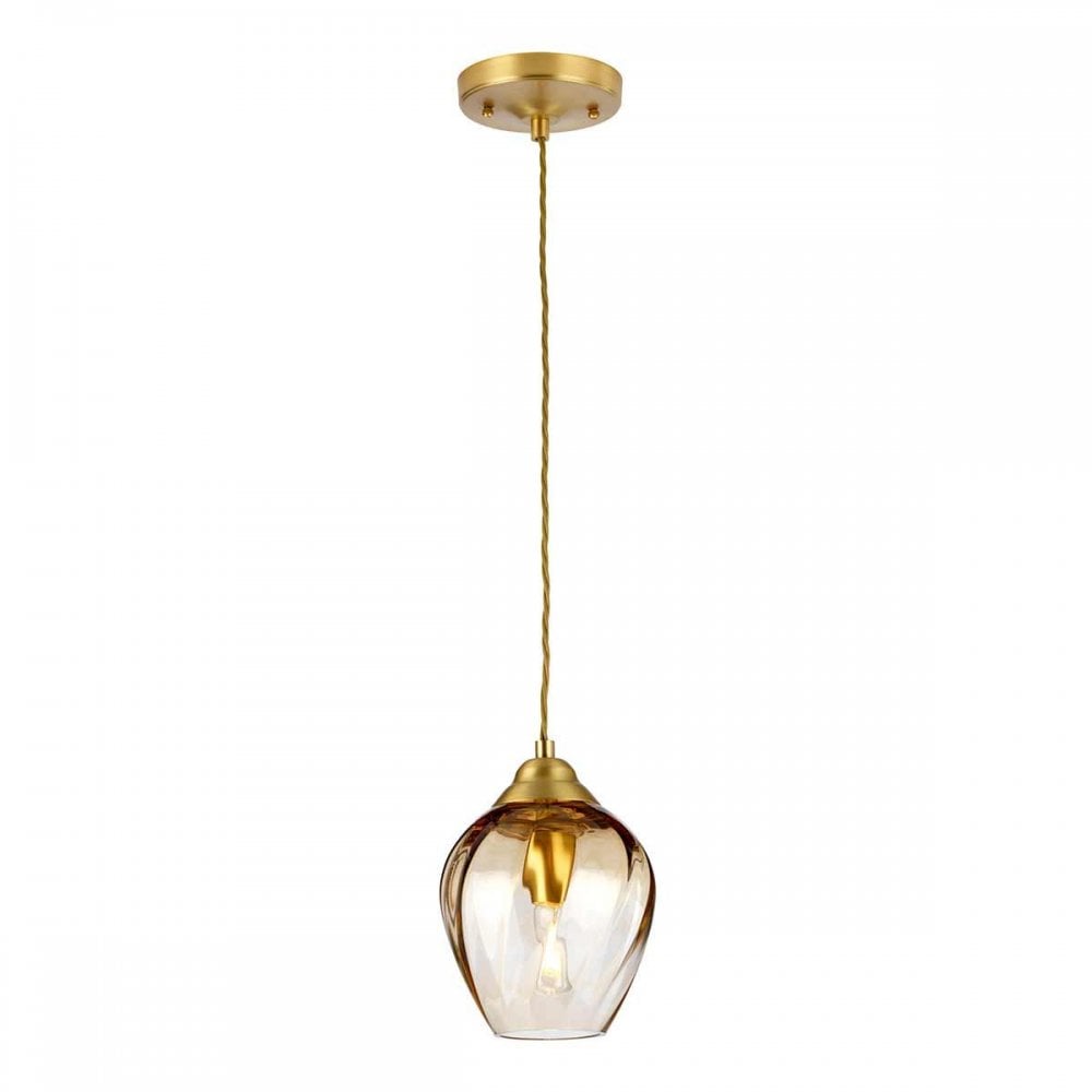 TIBER-P-AMBER Tiber 1 Light Pendant Brushed Brass/ Amber Glass