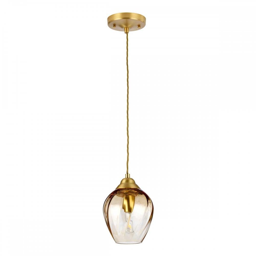 TIBER-P-AMBER Tiber 1 Light Pendant Brushed Brass/ Amber Glass