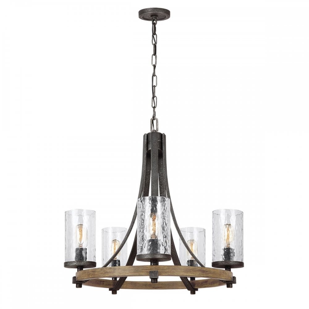QN-ANGELO5 Angelo 5 Light Chandelier Distressed Weathered Oak & Slate Grey Metal