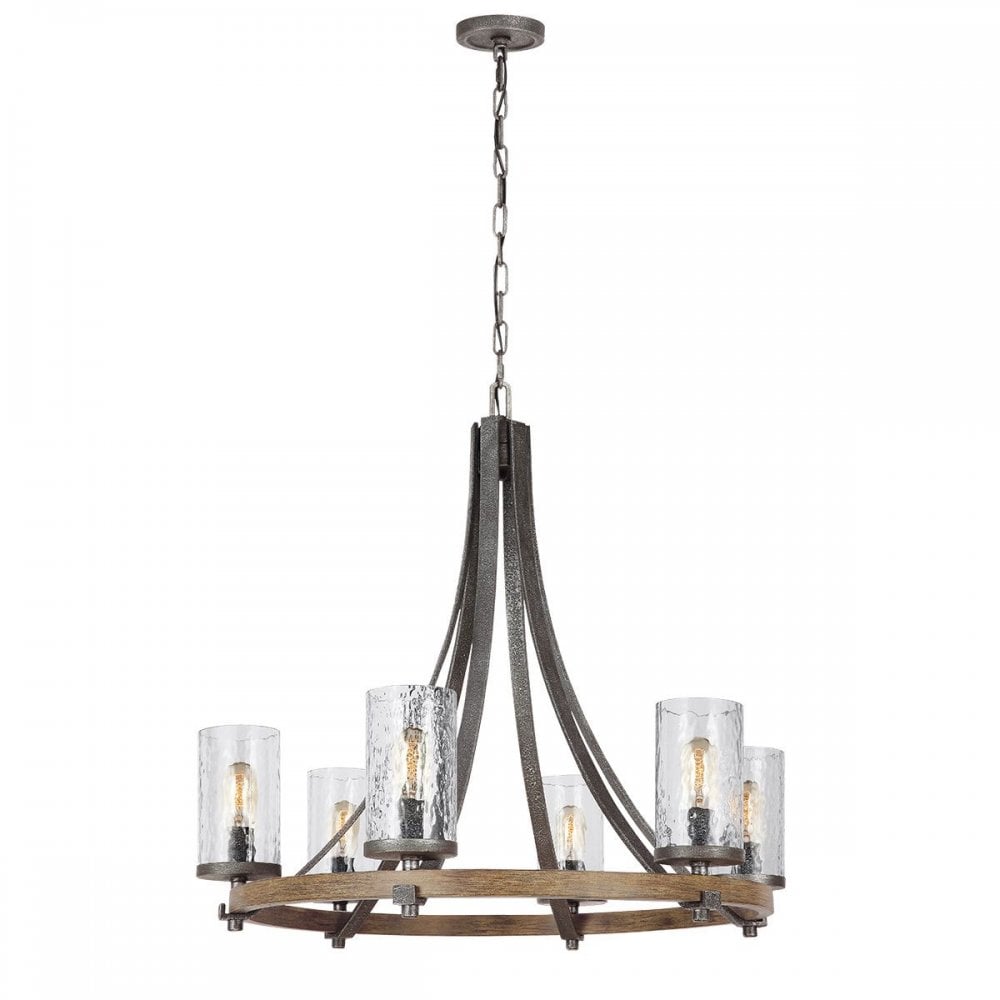 QN-ANGELO6 Angelo 6 Light Chandelier Distressed Weathered Oak & Slate Grey Metal