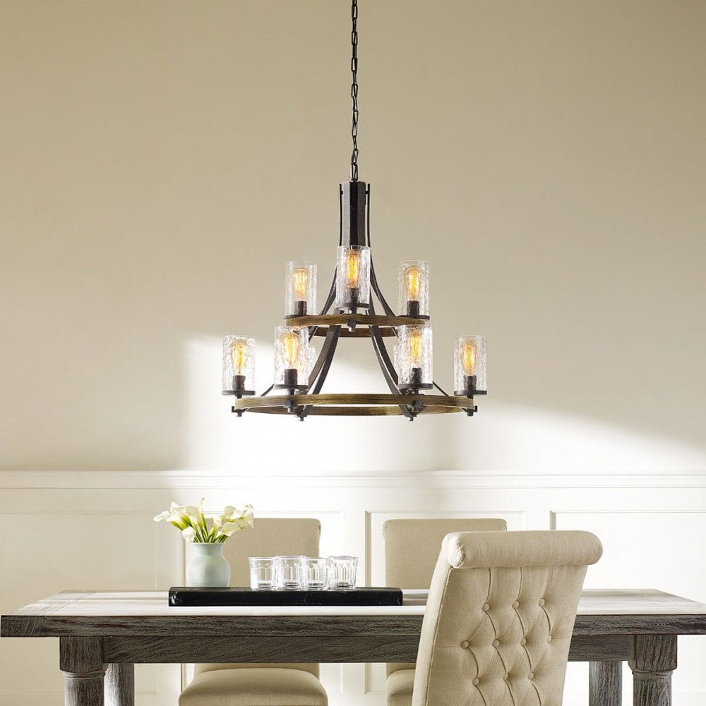 QN-ANGELO9 Angelo 9 Light Chandelier Distressed Weathered Oak & Slate Grey Metal