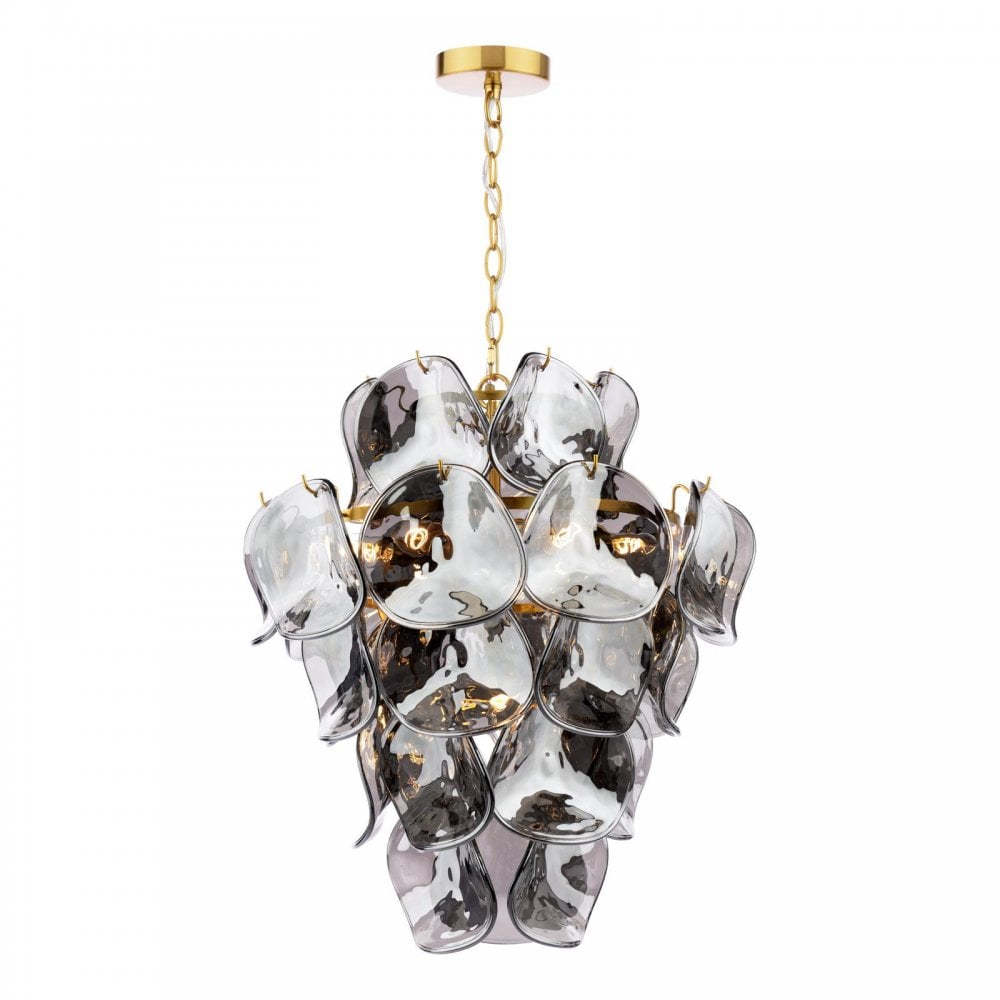 GEN0842 Genoa 8 Light Pendant Natural Brass and Smoked Glass
