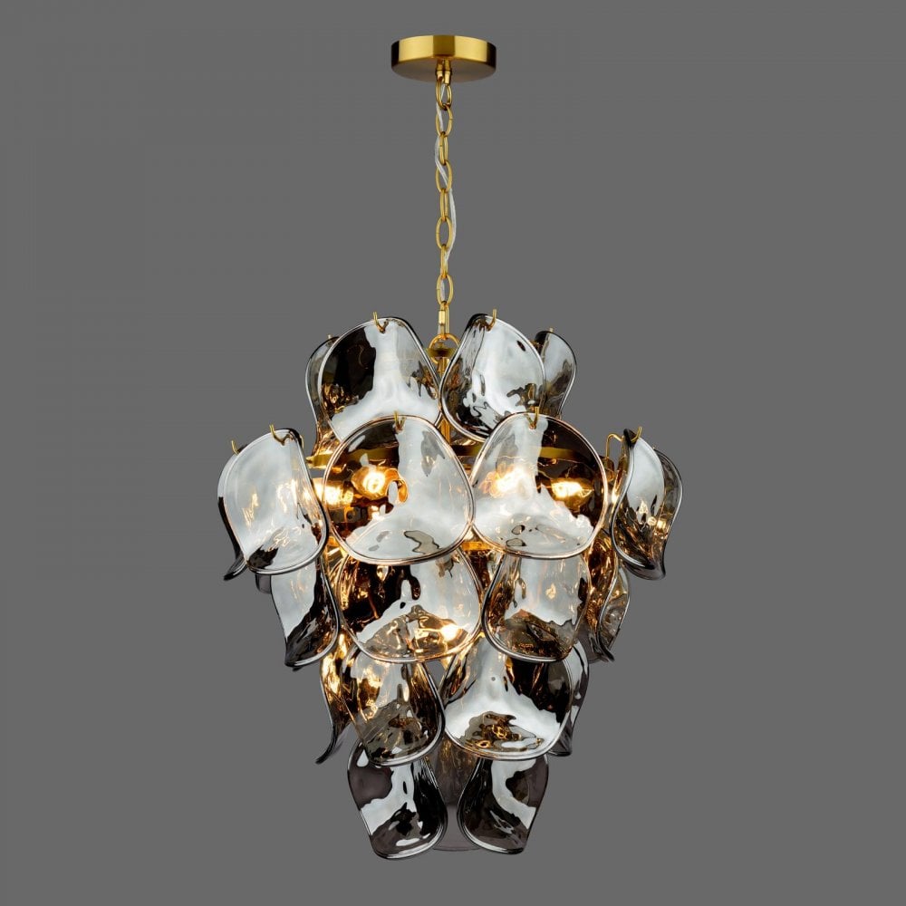 GEN0842 Genoa 8 Light Pendant Natural Brass and Smoked Glass