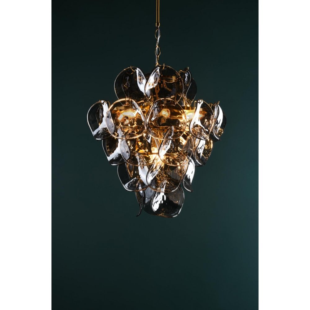GEN0842 Genoa 8 Light Pendant Natural Brass and Smoked Glass