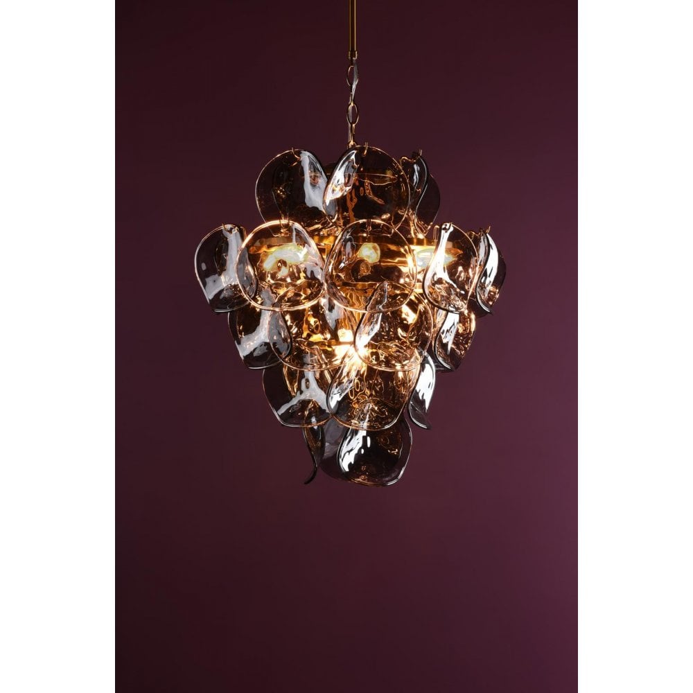 GEN0842 Genoa 8 Light Pendant Natural Brass and Smoked Glass