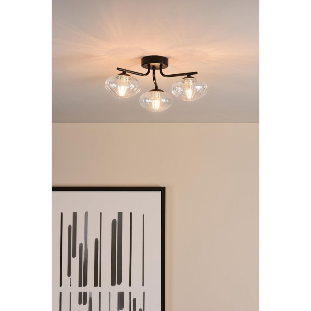 EDE5322 Ede 3 Light Semi-Flush Matt Black and Glass
