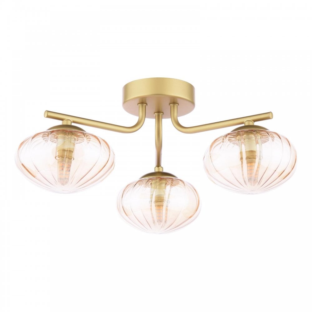 EDE5335 Ede 3 Light Semi-Flush Satin Gold and Amber Glass