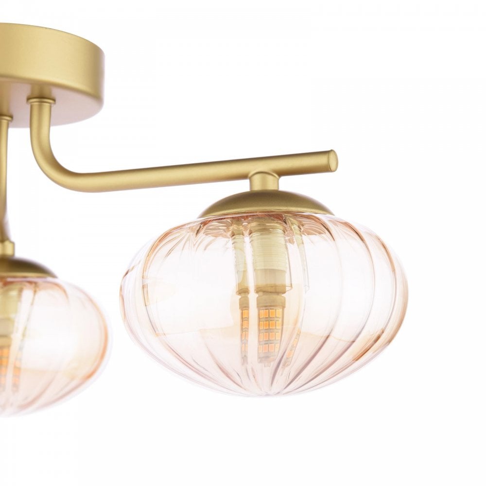 EDE5335 Ede 3 Light Semi-Flush Satin Gold and Amber Glass