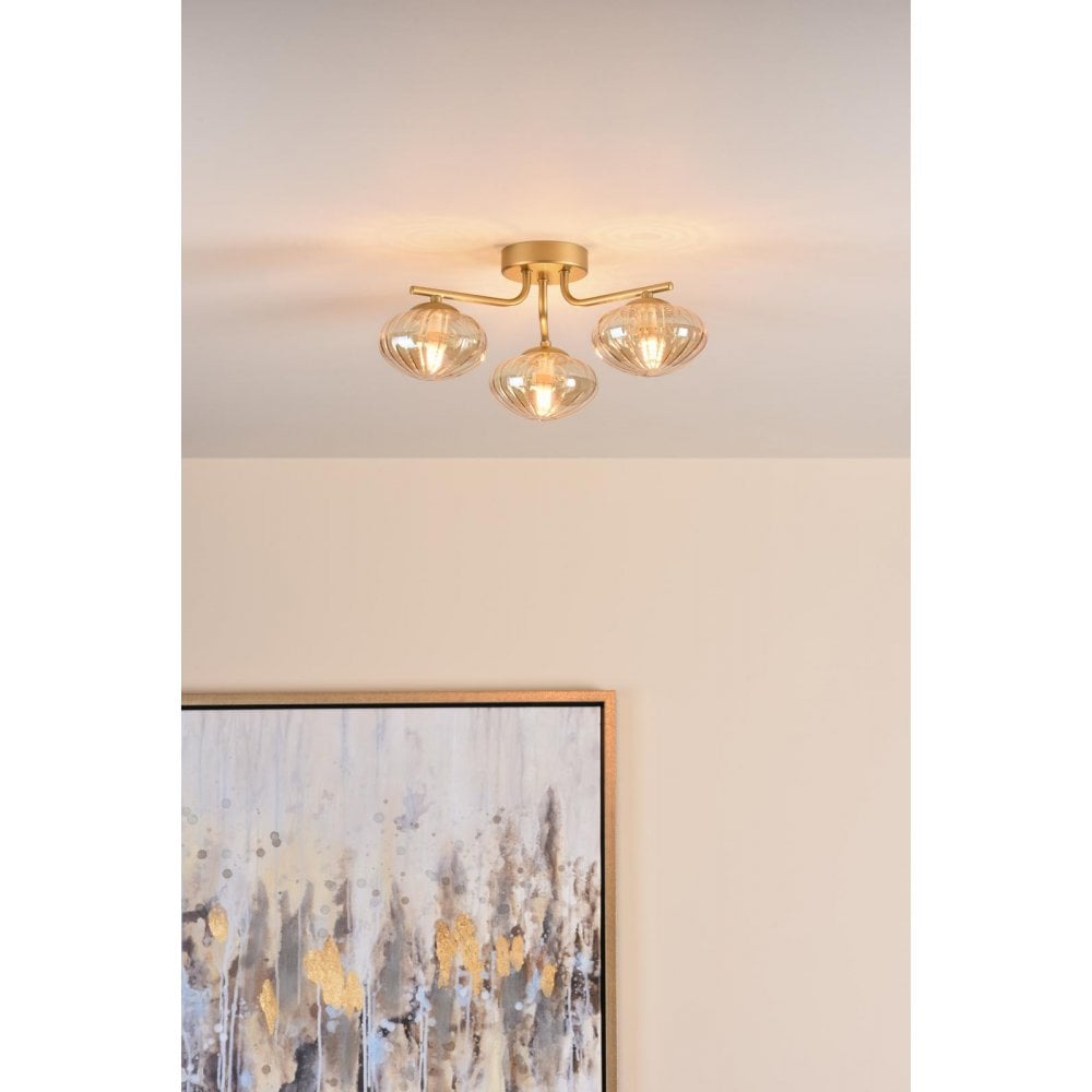 EDE5335 Ede 3 Light Semi-Flush Satin Gold and Amber Glass