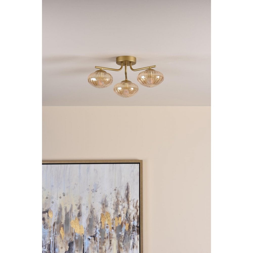 EDE5335 Ede 3 Light Semi-Flush Satin Gold and Amber Glass