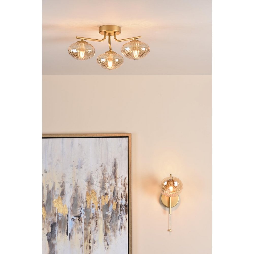 EDE5335 Ede 3 Light Semi-Flush Satin Gold and Amber Glass